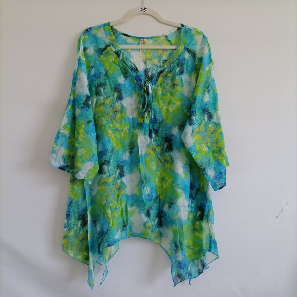 Grand & Greene Womens Blue Fair Whimsy Assymetrical Hem Boho Tunic Top Size XL